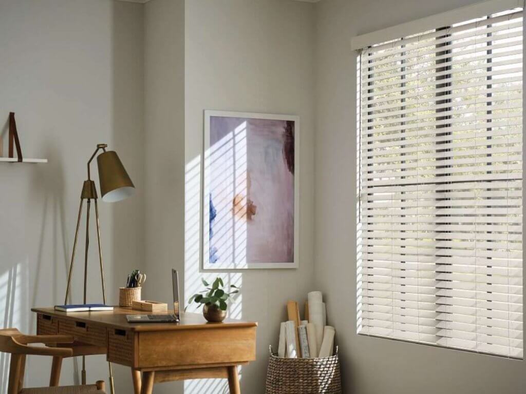 Graber faux wood blinds with cordless lift and wand tilt system installed in Missoula Montana home